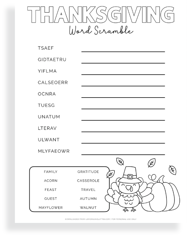 Thanksgiving word scramble with word bank