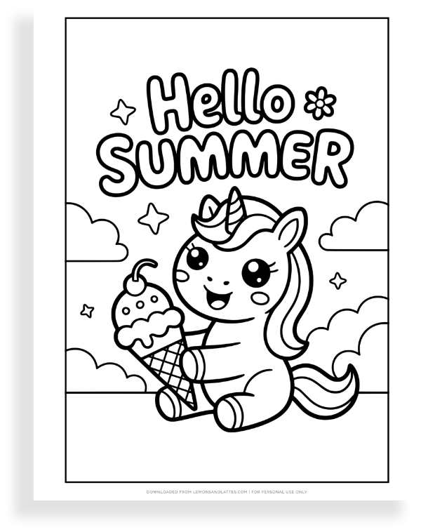 unicorn summer coloring page