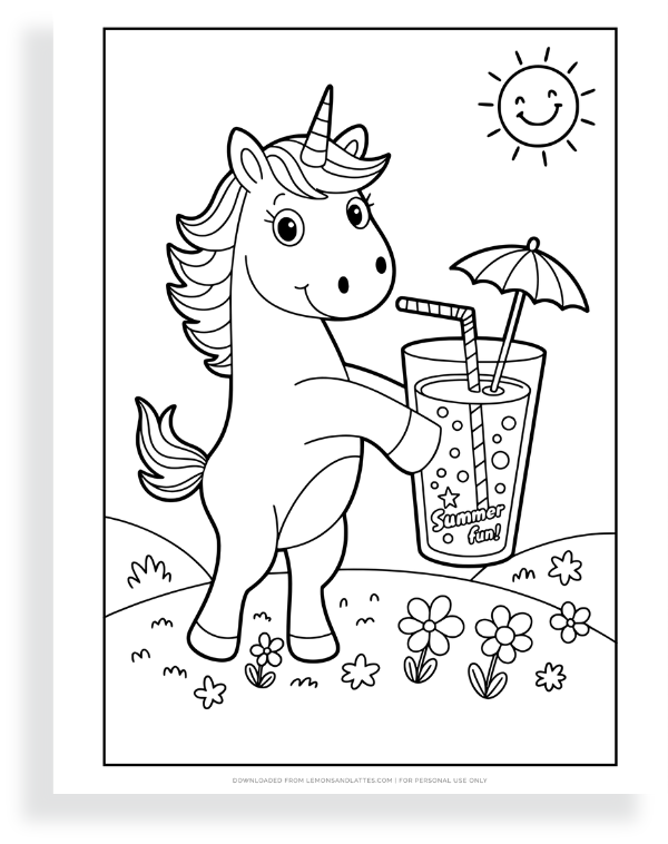 unicorn summer coloring page