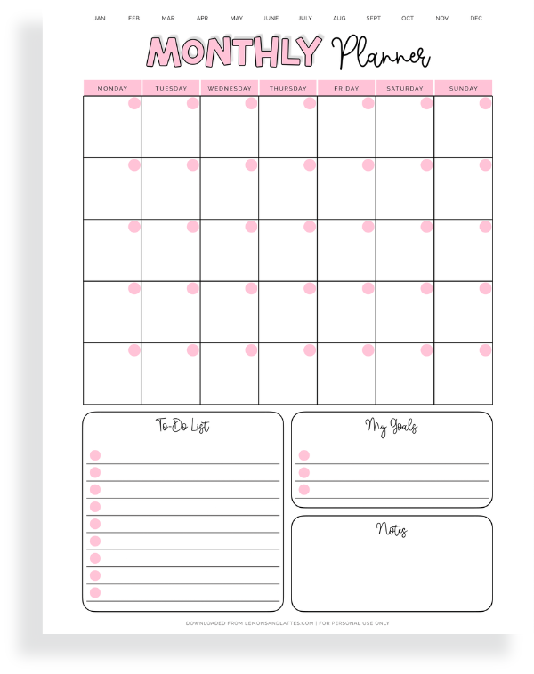 pink monthly planner sunday start